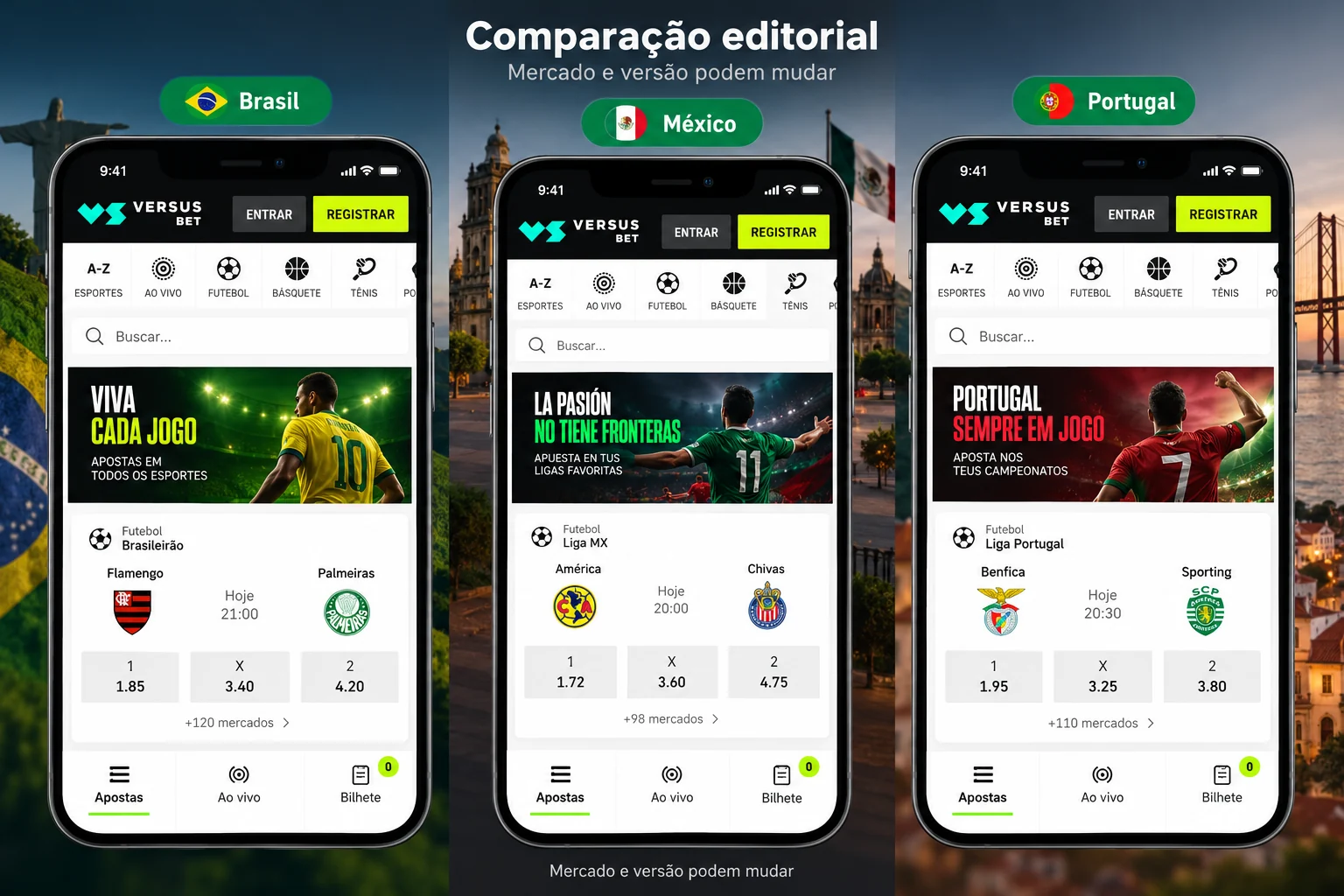 Comparação editorial do acesso móvel VERSUSbet no Brasil, México e Portugal.