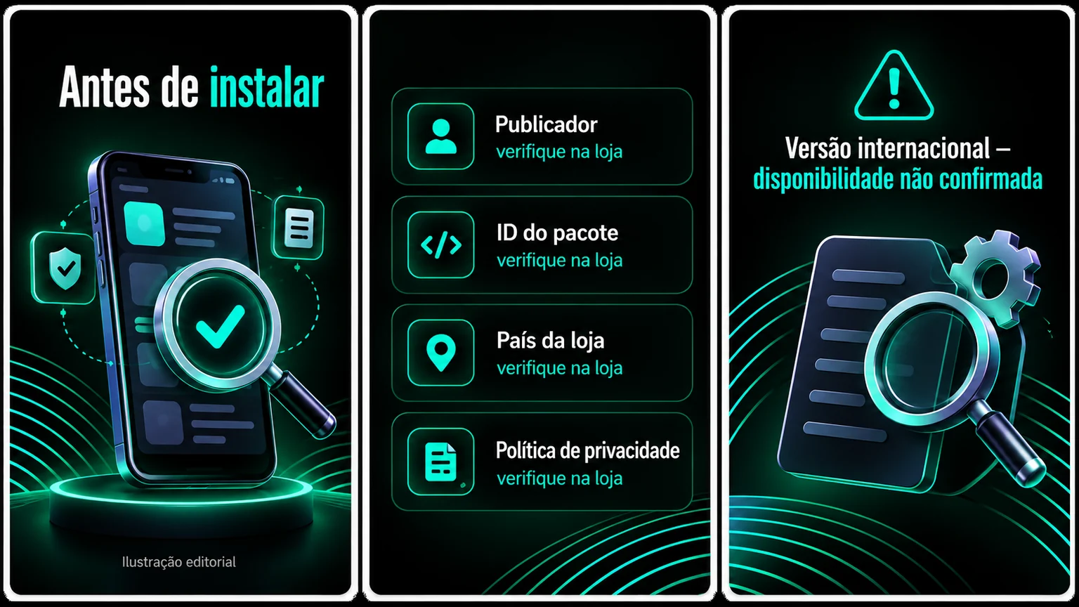 Checklist editorial de país, desenvolvedor da listagem, identificador do aplicativo, versão, política e permissões.