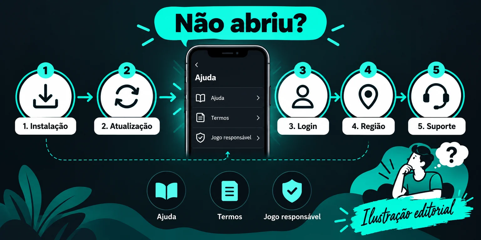 Fluxo editorial para instalação, abertura, login e indisponibilidade regional.