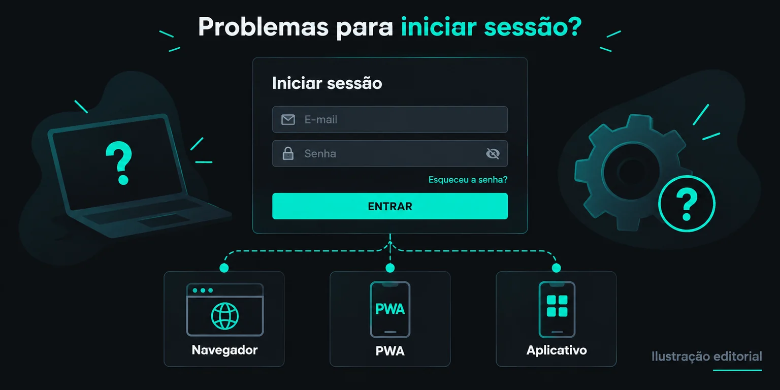 Comparação editorial de sessão no navegador, PWA e aplicativo por origem.